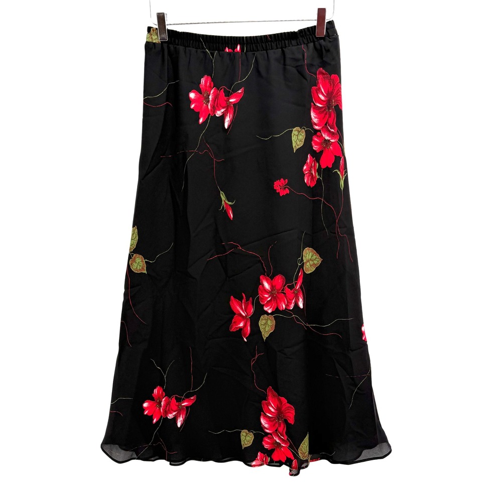 Vintage Jessica Howard Floral Midi Skirt Petite 12 Black Red Romantic Whimsigoth